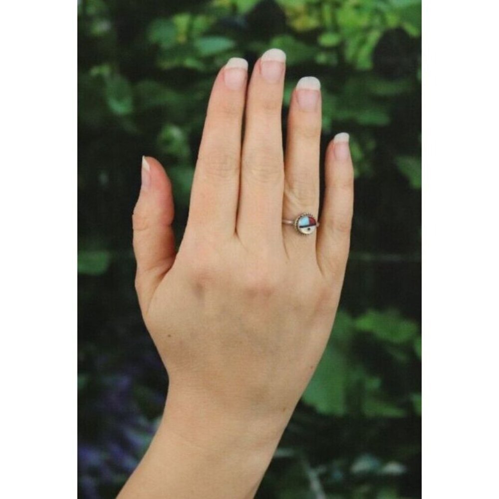 Sterling Silver Turquoise Coral Onyx Mother of Pearl Zuni Face Ring Size 4 1/2 - Picture 2 of 7